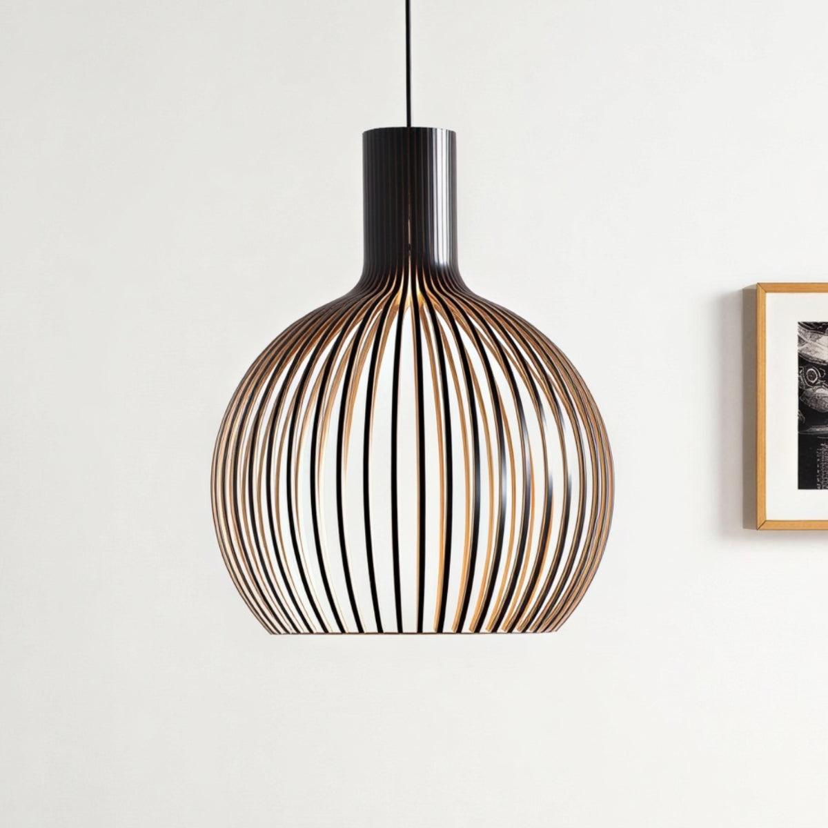 Open Cage Pendant Light With Wood Slat Shade, E26 Base, Adjustable Cord, Three Sizes