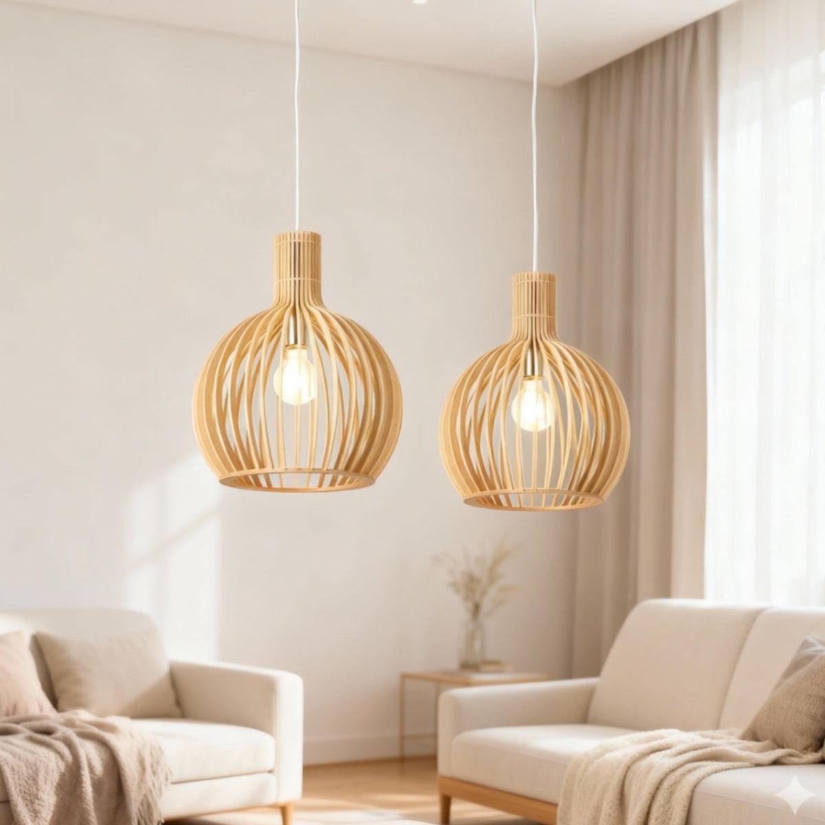 
Open Cage Pendant Light With Wood Slat Shade, E26 Base, Adjustable Cord, Three Sizes