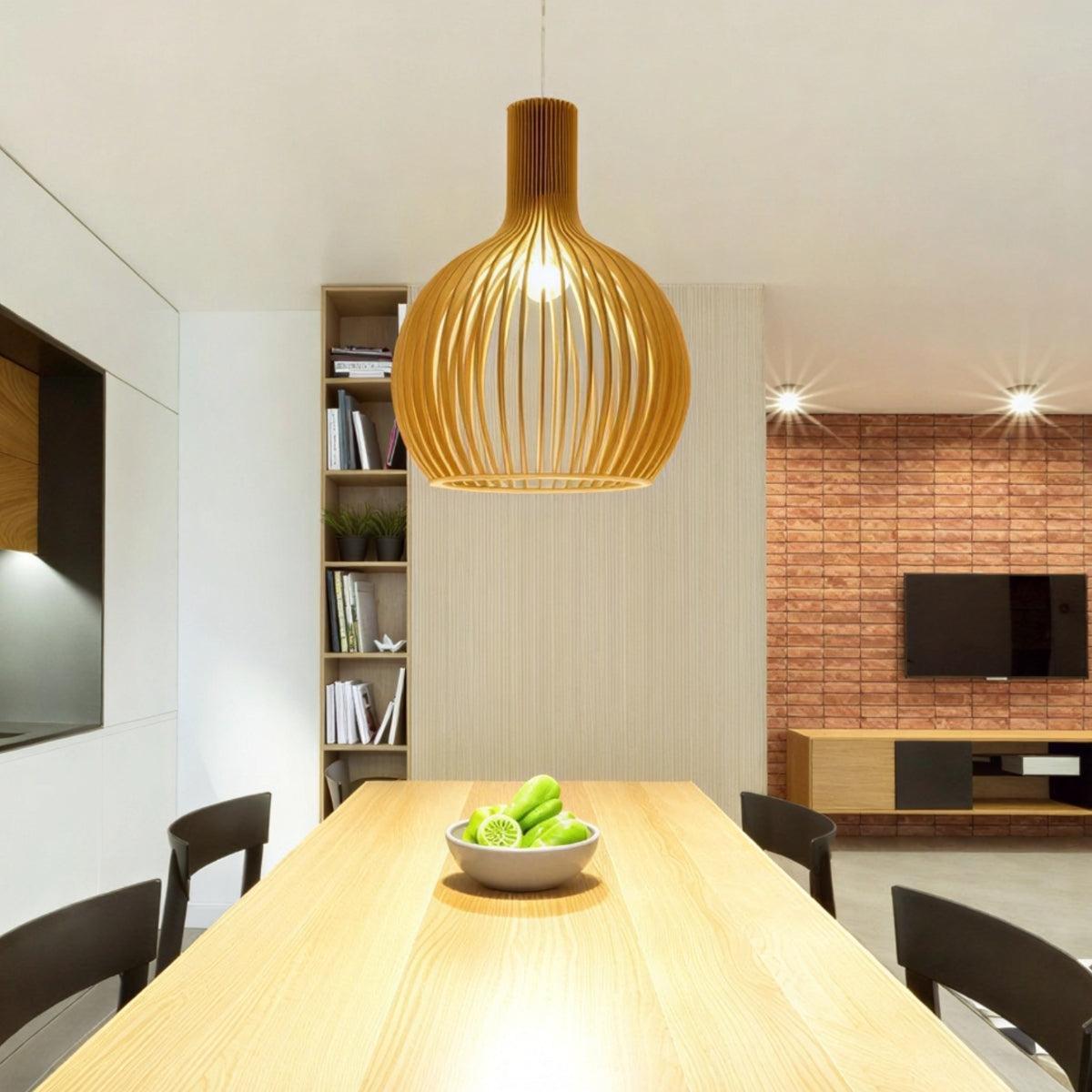 
Open Cage Pendant Light With Wood Slat Shade, E26 Base, Adjustable Cord, Three Sizes