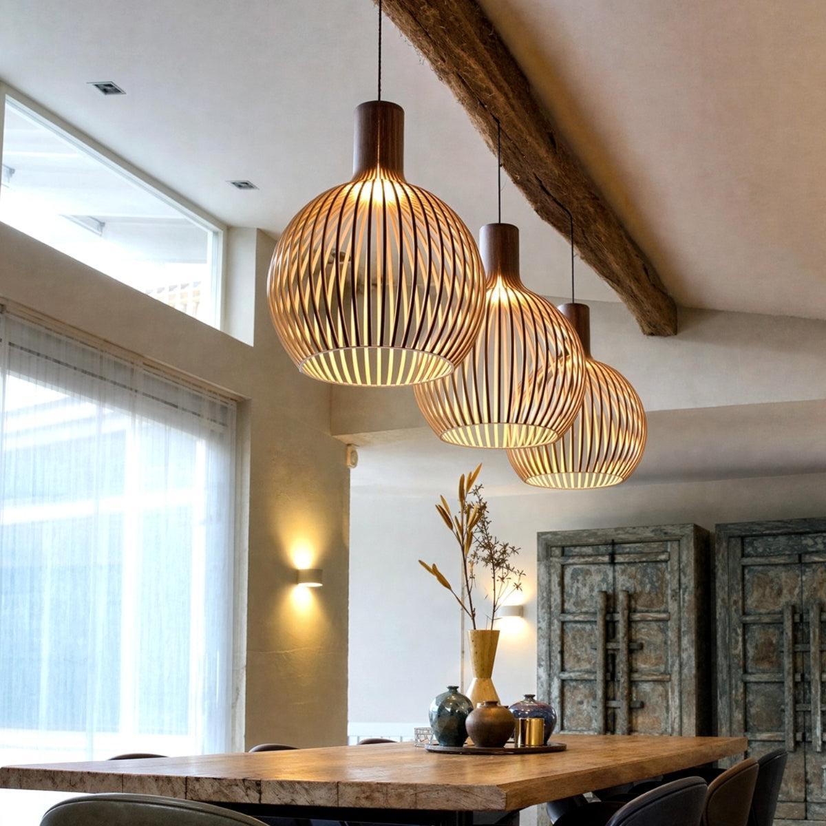 
Open Cage Pendant Light With Wood Slat Shade, E26 Base, Adjustable Cord, Three Sizes