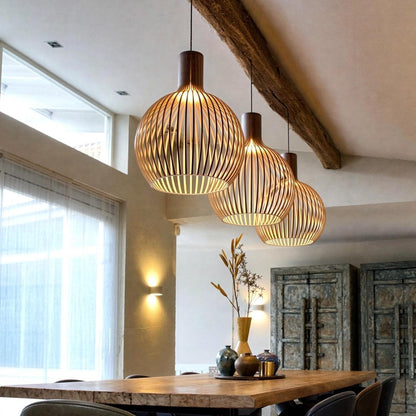 Open Cage Pendant Light With Wood Slat Shade, E26 Base, Adjustable Cord, Three Sizes