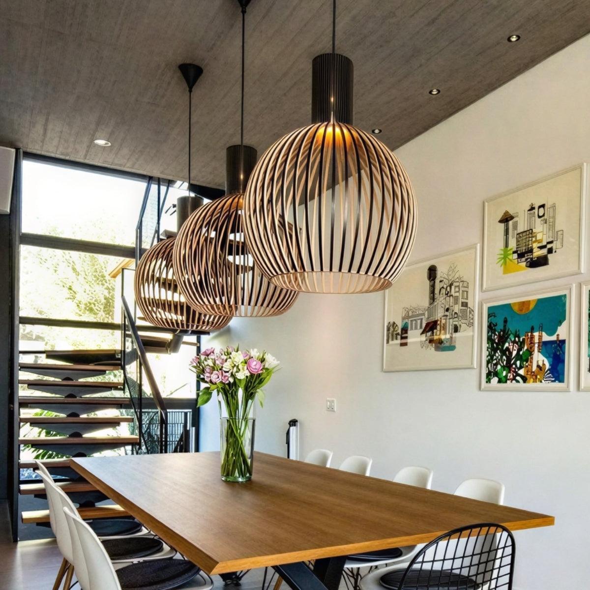 
Open Cage Pendant Light With Wood Slat Shade, E26 Base, Adjustable Cord, Three Sizes