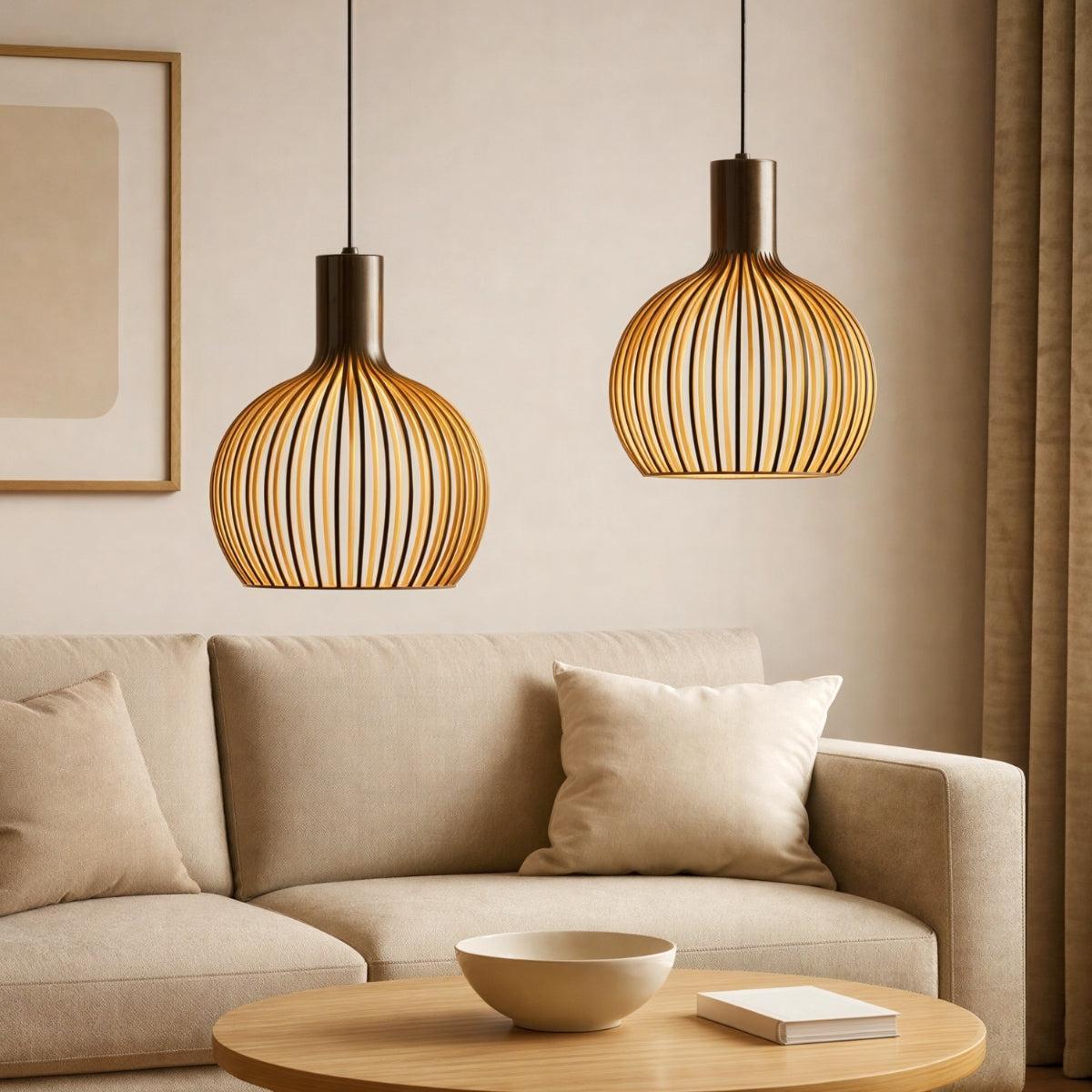 
Open Cage Pendant Light With Wood Slat Shade, E26 Base, Adjustable Cord, Three Sizes