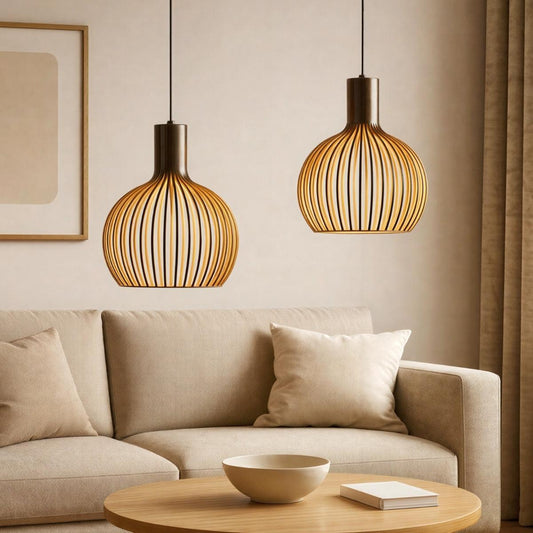 
Open Cage Pendant Light With Wood Slat Shade, E26 Base, Adjustable Cord, Three Sizes